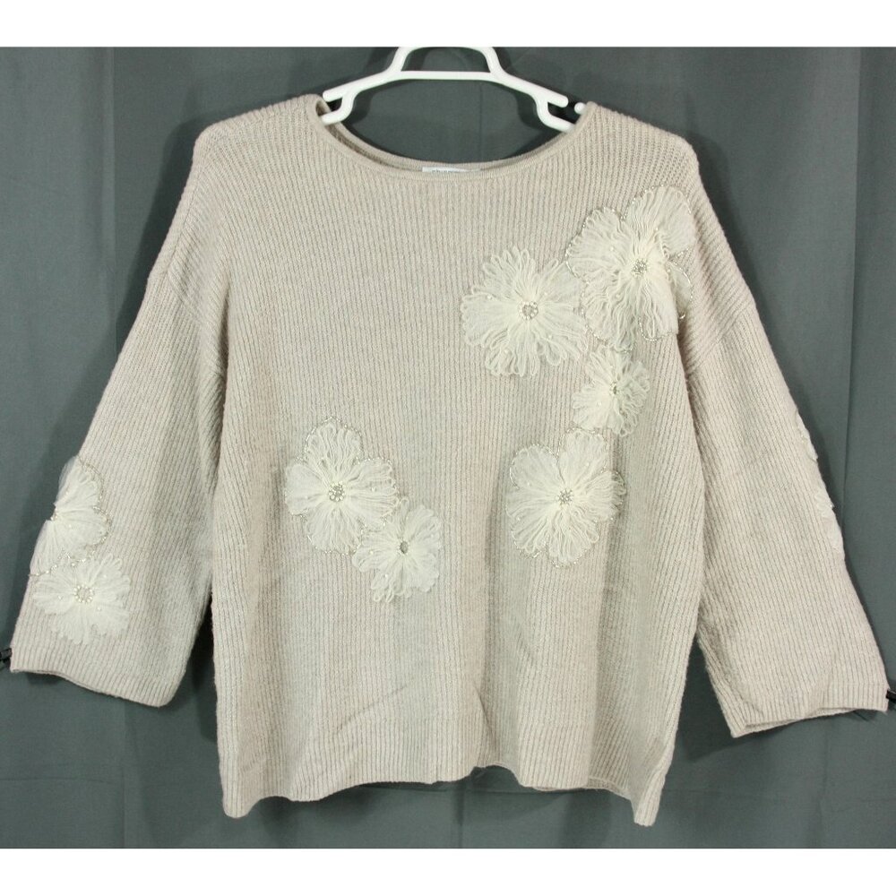Chicos Beaded Chiffon Mesh Flower Floral Cotton Blend Sweater Tunic XL Whimsy